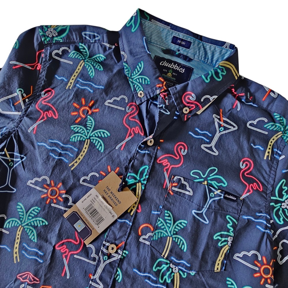 Chubbies Mens Neon Light Friday Shirt  Blue Flamingo Palm Tree 603222-033 Medium